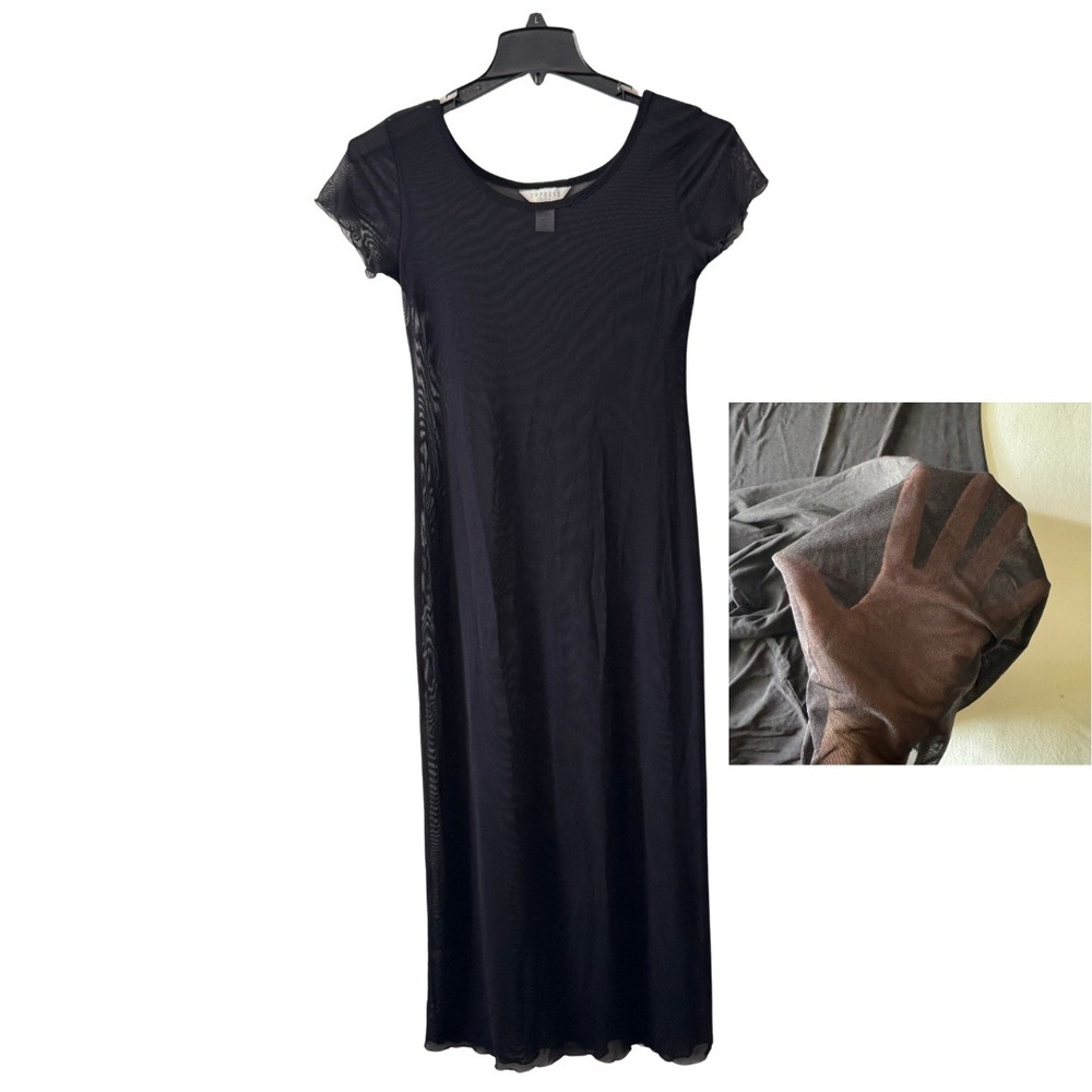Vintage Express Tricot Mesh Maxi Dress M Black Lettuce Edge Y2K 90s Grunge Goth
